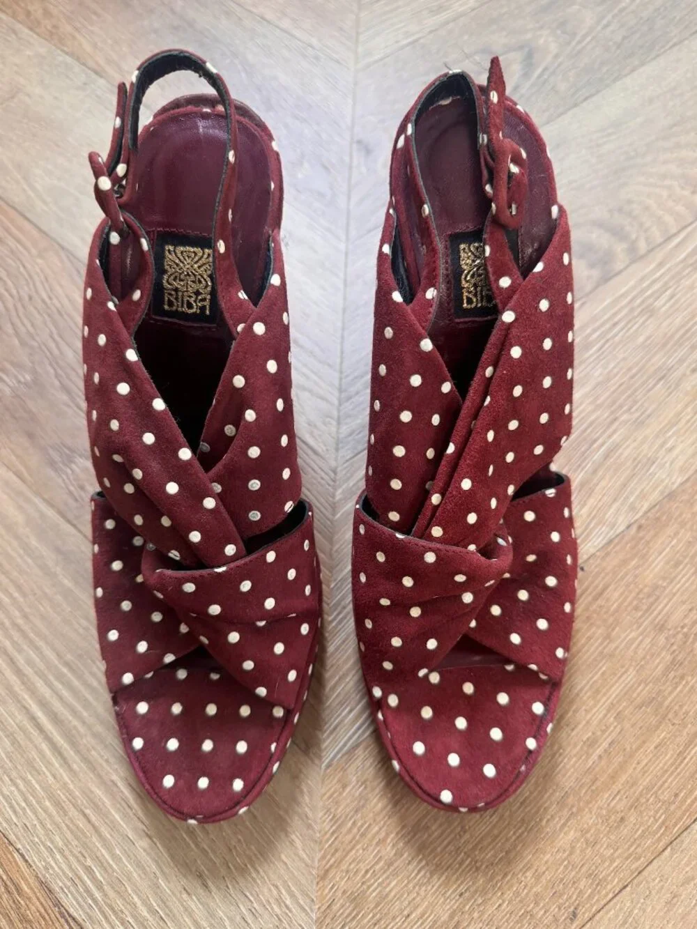 Biba Vintage Platform Wedge Sandals Burgundy Polka Dot 37